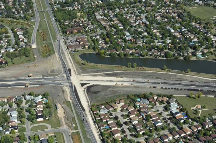 Wide aerial view of Chief Peguis Trail construction