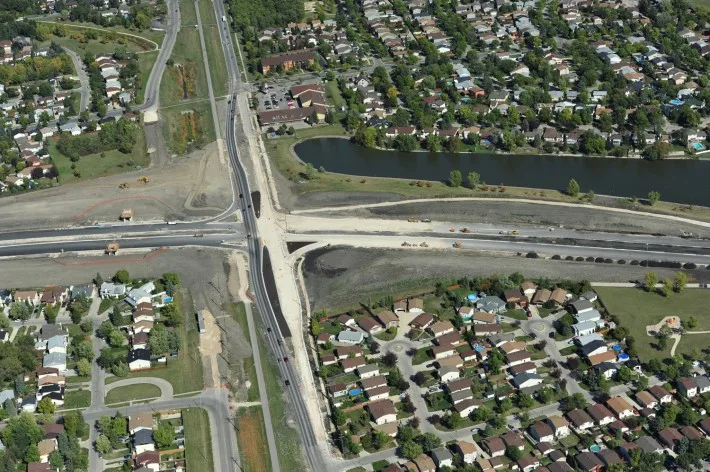 Aerial view of roadway intersection construction